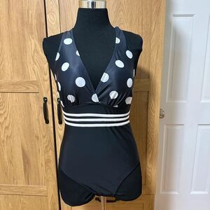 Women’s Retro One Piece Swimsuit Size L Black White Polka Dot Strappy Pin Up